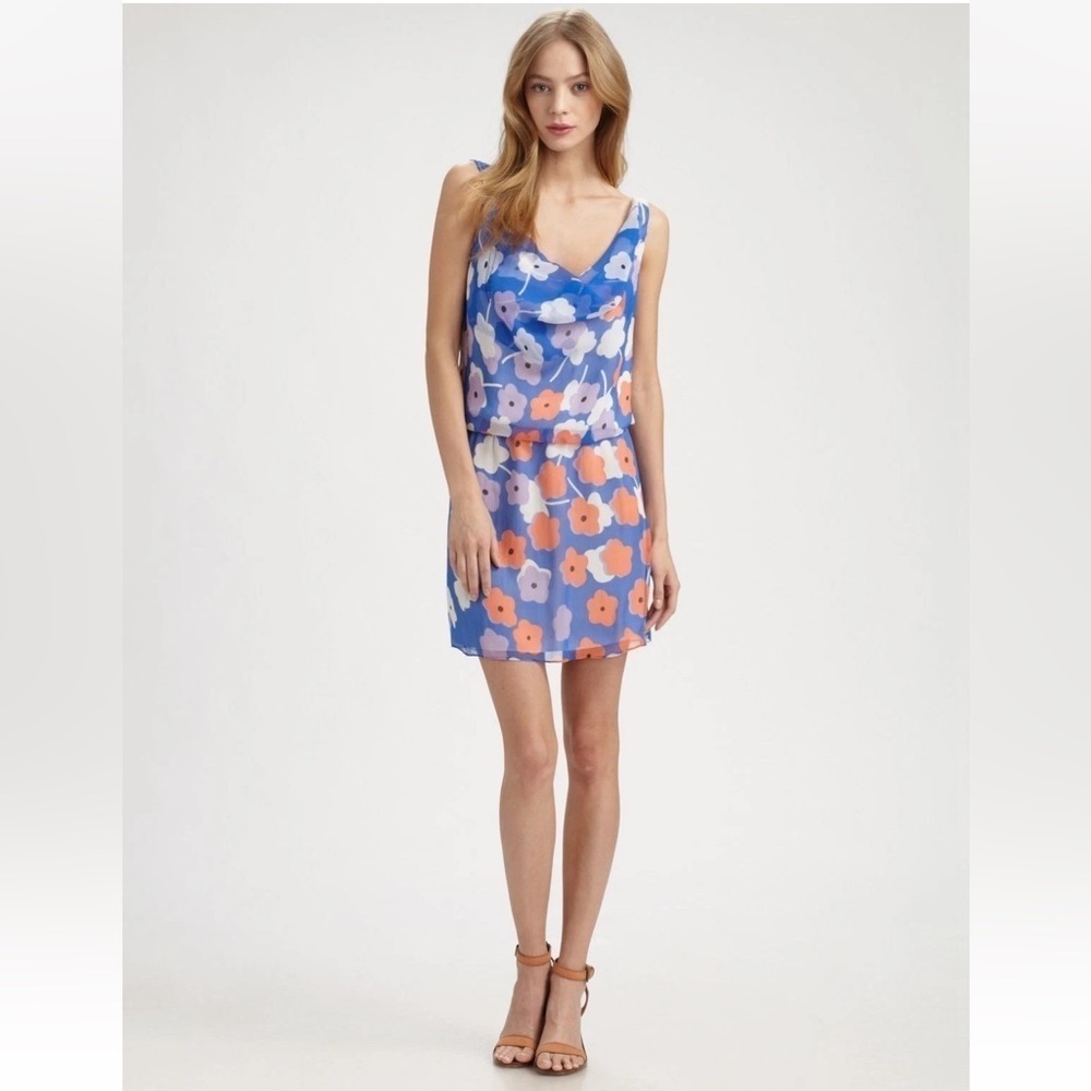 Diane Von Furstenberg Blue, Peach and Purple Floral Silk Mini Dress